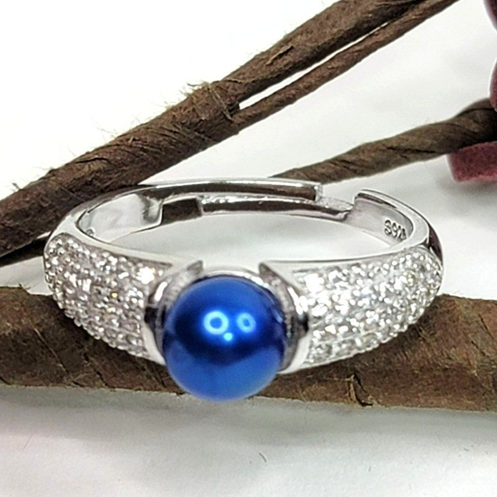 Pure Chic 925 SS Adjustable Ring With Bright Blue Freshwater‎ Pearl